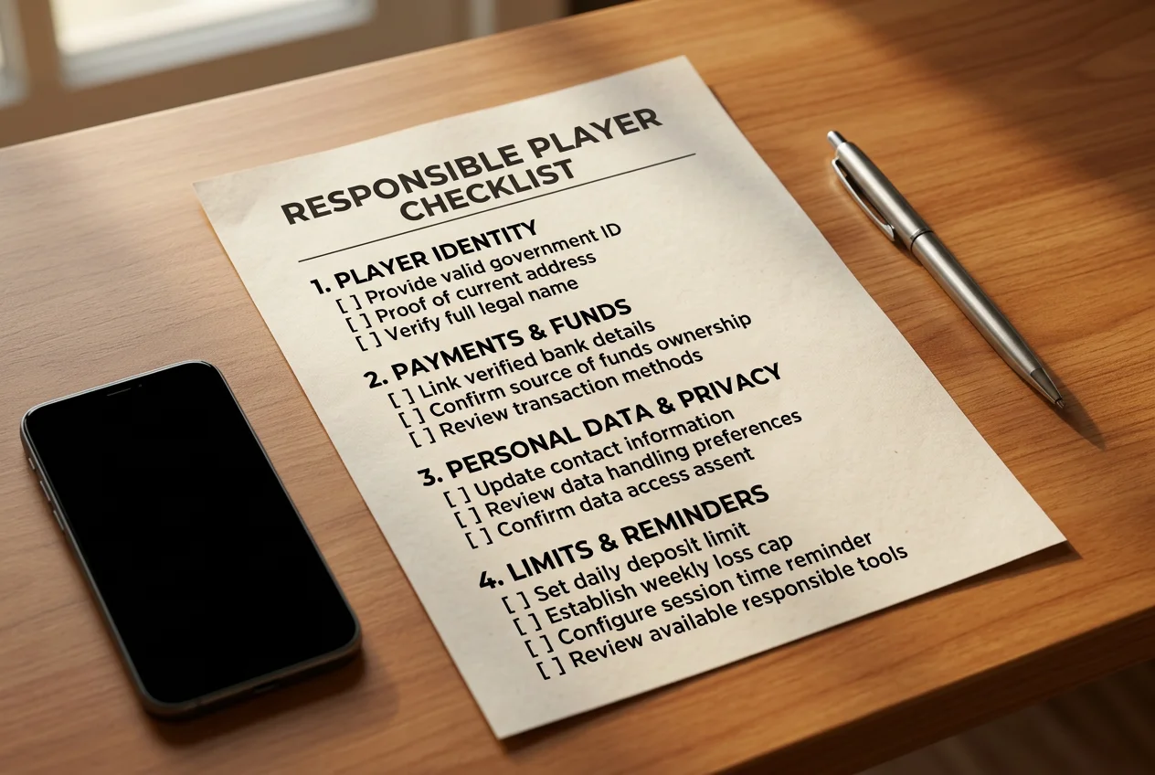 Checklist cartacea con voci su identità, pagamenti, dati personali e limiti